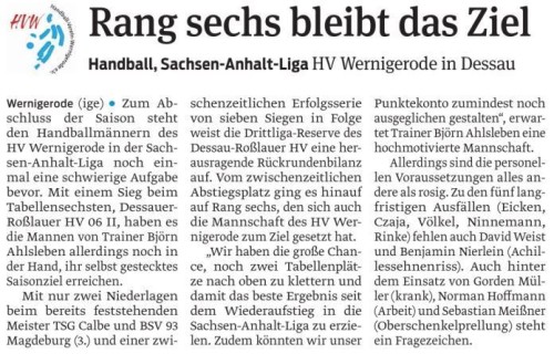 Volksstimme Vorbericht zum letzten Saisonspiel der 1. Männermannschft des HVW